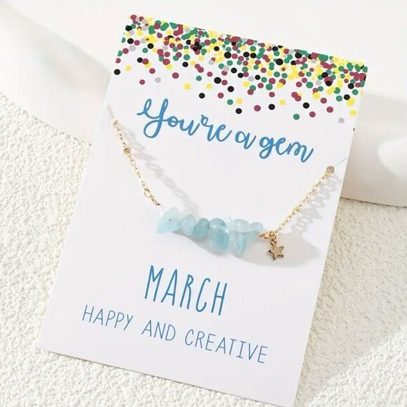 Natural Aquamarine Gold Tone Necklace March Birthday Gift NWT - Picture 1 of 2